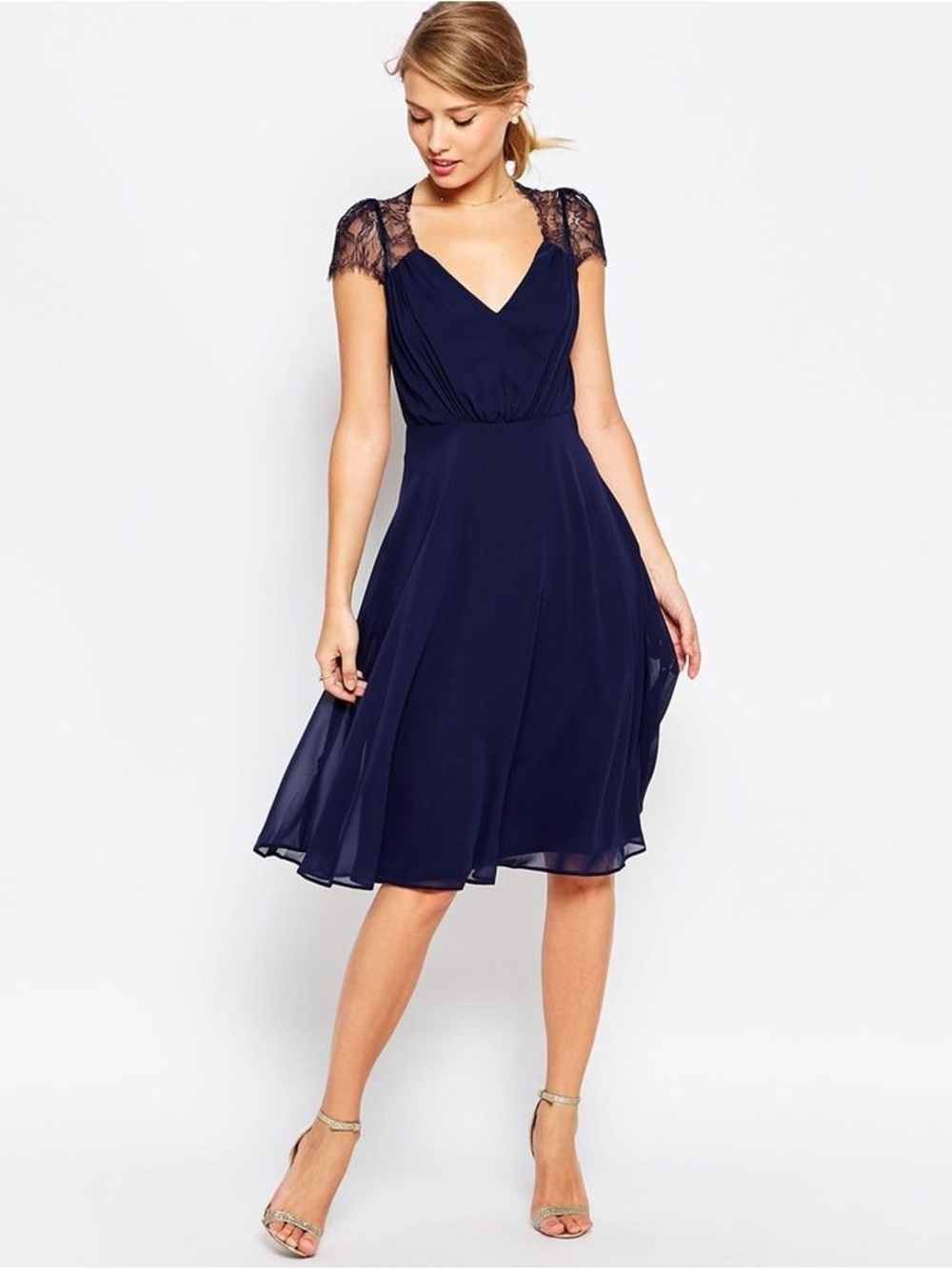 ASOS Navy Blue Lace Cap Sleeve Midi Dress | Wedding Guest/Cocktail | Size 6